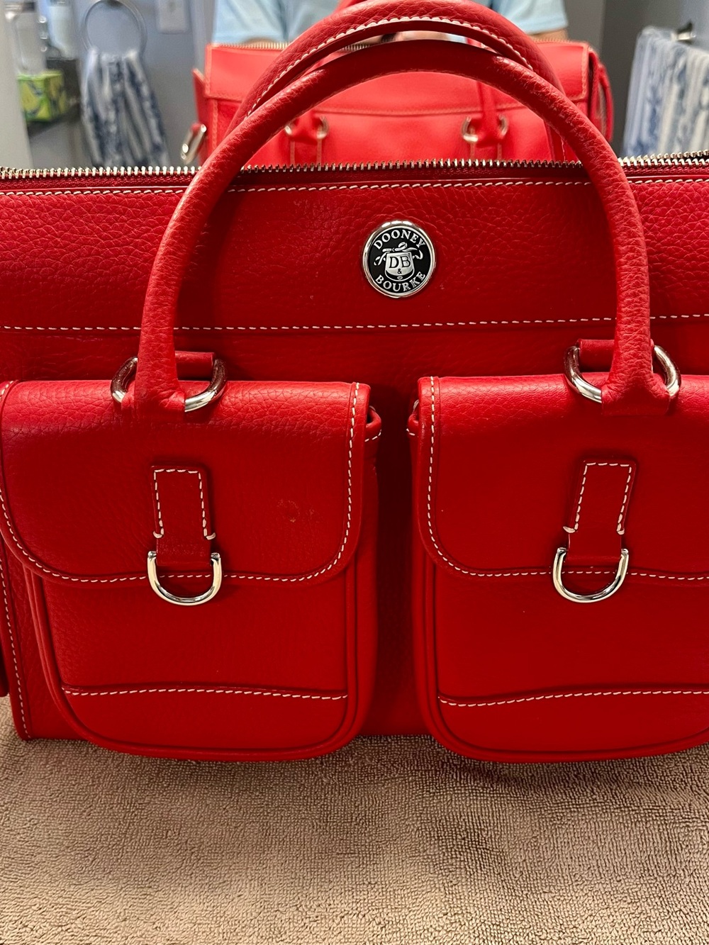 Dooney & Bourke Bright Red Leather Satchel with Dual Front Pockets